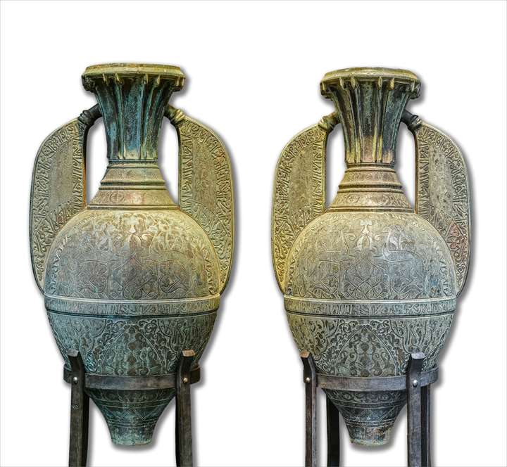 Pair of Monumental Cast Bronze Alhambra Vases